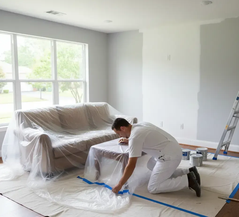 Pintor cubriendo muebles para pintar