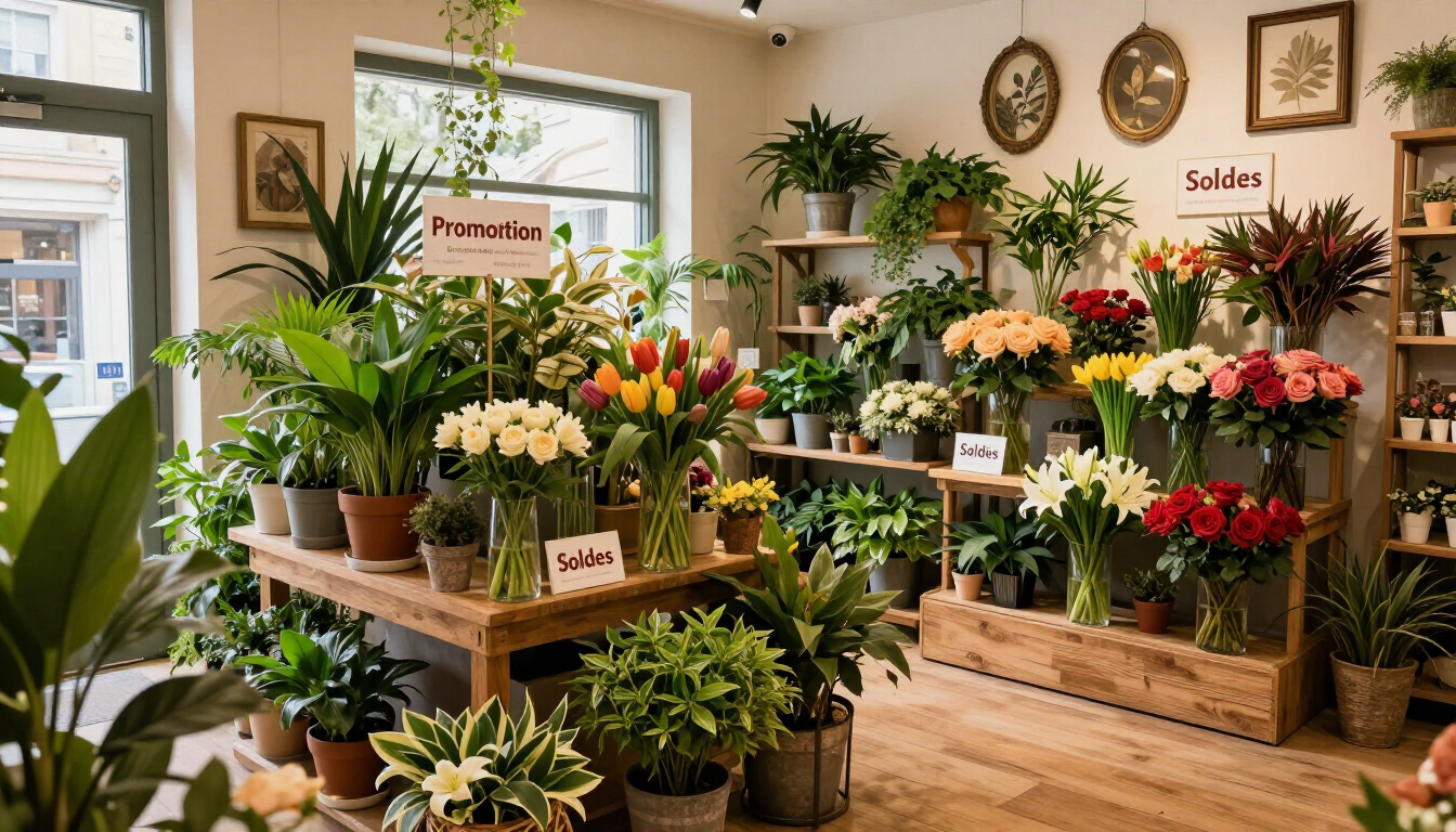 Intérieur d'une boutique de fleurs avec des tables en bois présentant des plantes en pot colorées et des bouquets sous un éclairage chaleureux