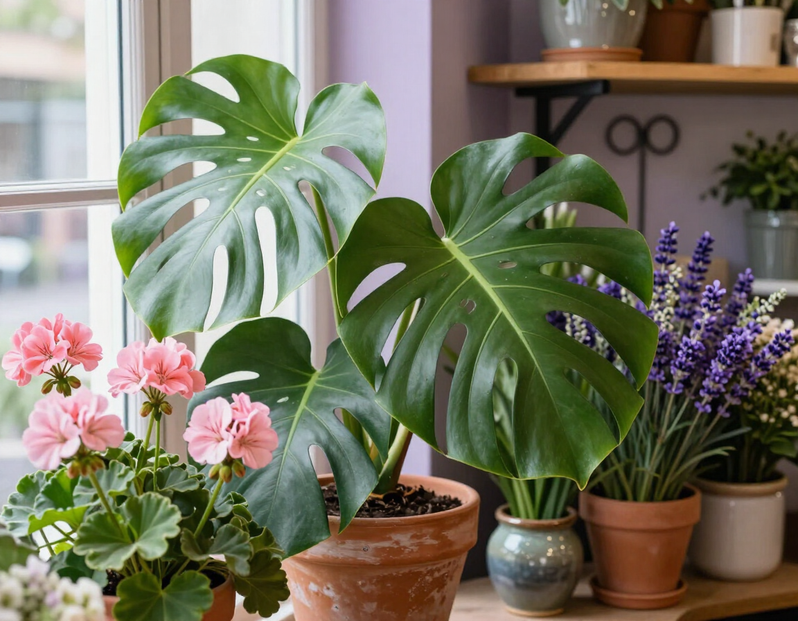 Monstera en pot et fleurs épanouies sur une étagère intérieure ensoleillée avec des pots de lavande