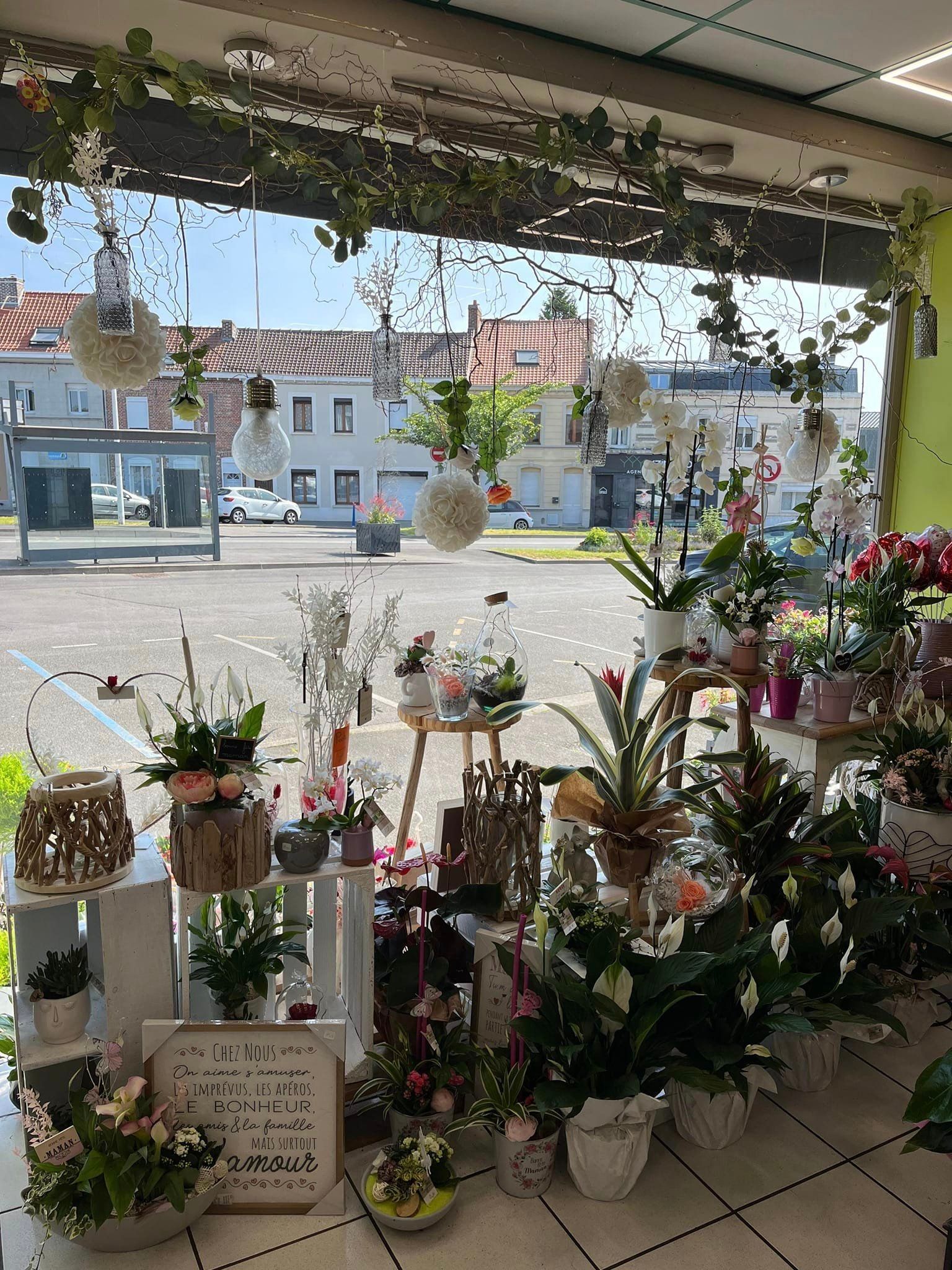 Vitrine de fleuriste avec plantes suspendues et en pot près d'une vitrine lumineuse donnant sur la rue