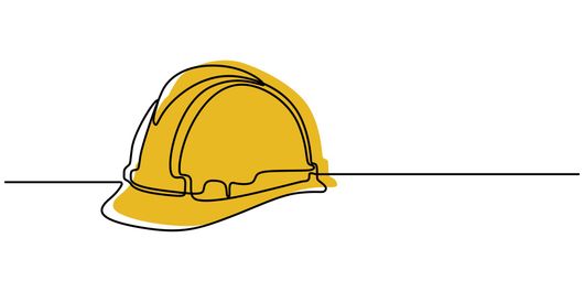 Casque de chantier jaune dessiné avec une seule ligne noire sur fond blanc.