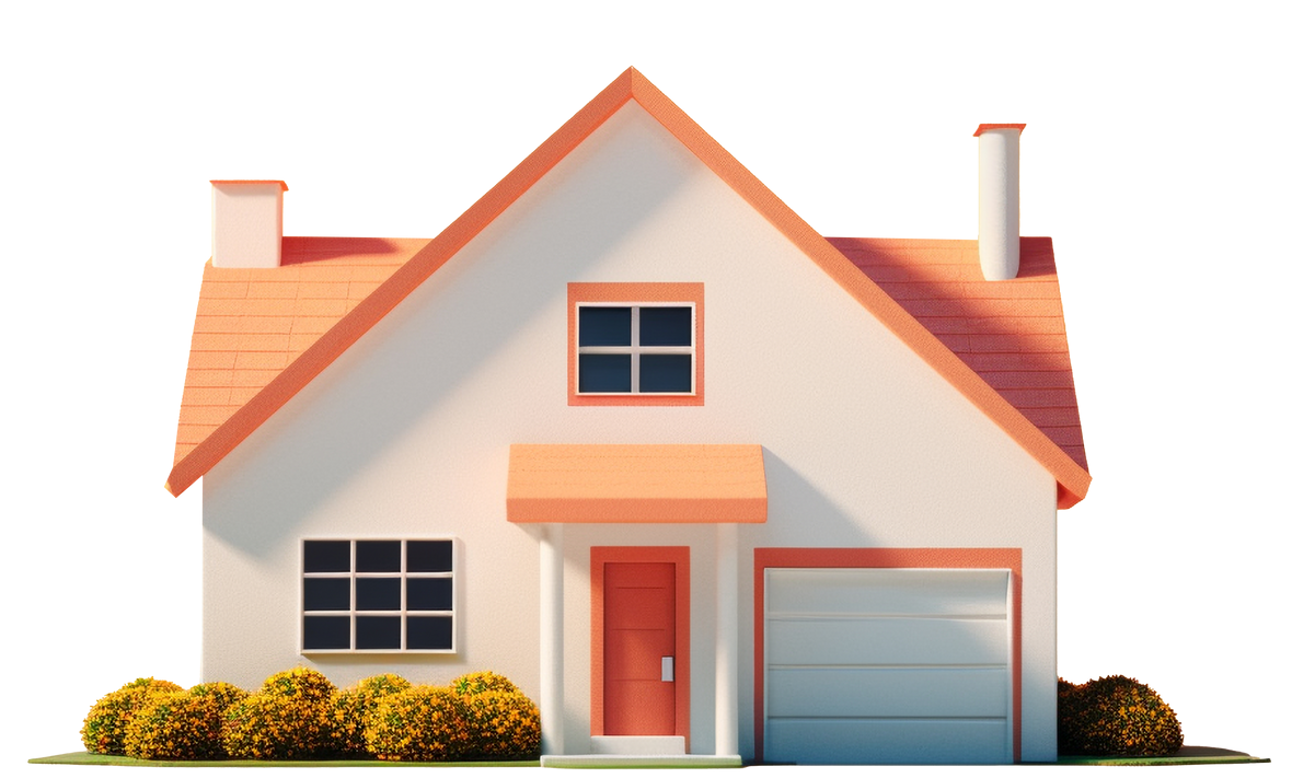 Maison blanche avec toit orange, porte et porte de garage; cheminée et buissons.