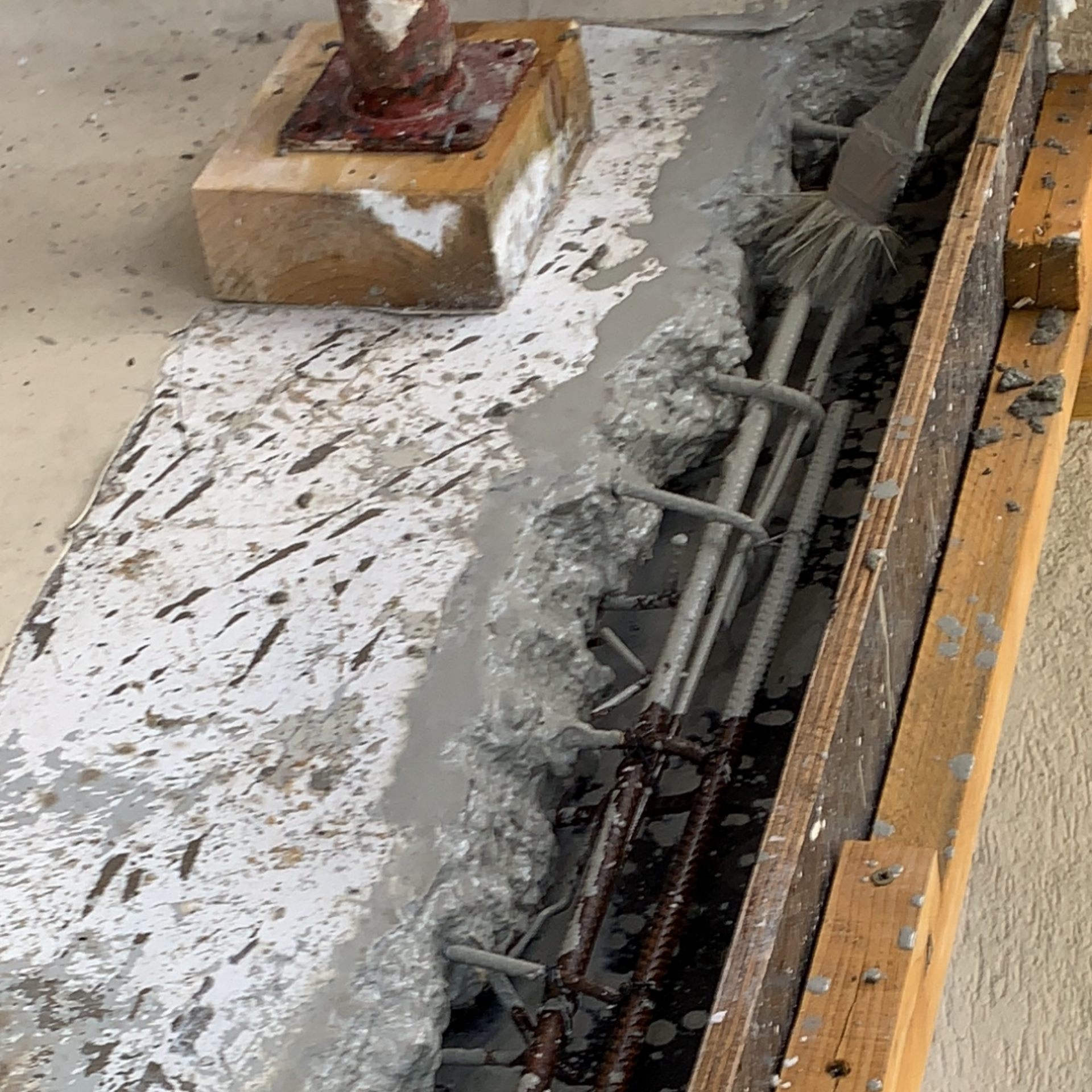 Réparation du béton : barres d'armature apparentes, coffrage en place, béton frais lissé à la brosse.