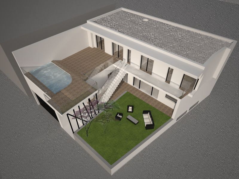 Una vista aérea de una casa con piscina
