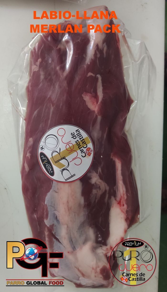 Un trozo de carne en una bolsa de plástico que dice labio-llana merlan pack