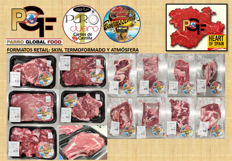 Un montón de paquetes de carne con un mapa de España al fondo.