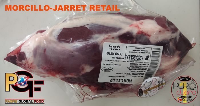 Un paquete de carne de venta al por menor de morcillo-jarrett está sobre una mesa