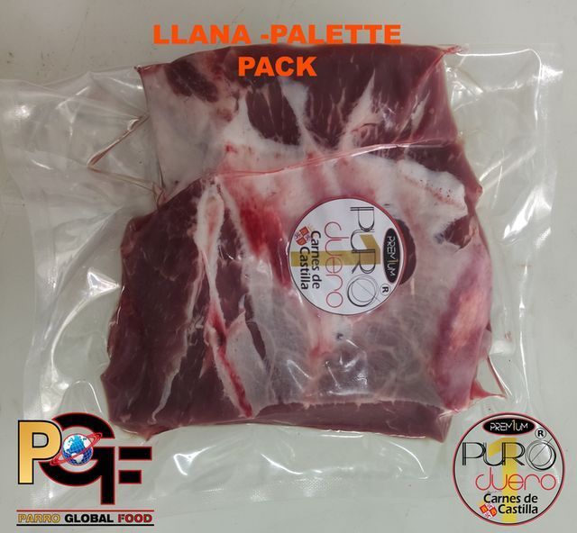 Un trozo de carne en una bolsa de plástico que dice 'llana palette pack'.