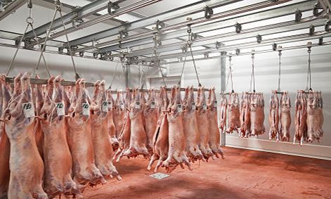 Una habitación llena de mucha carne colgando del techo.
