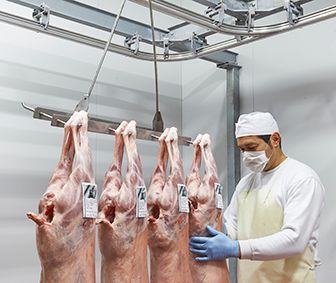 Un hombre está parado frente a una fila de carne que cuelga del techo.