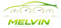 Logotipo estilizado de MELVIN en color verde con indicadores de veloc&iacute;metro y l&iacute;neas curvas.