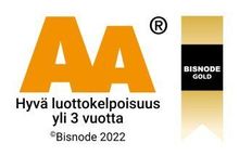 Bisnode Gold rating badge with large orange AA and Finnish text “Hyvä luottokelpoisuus yli 3 vuotta”