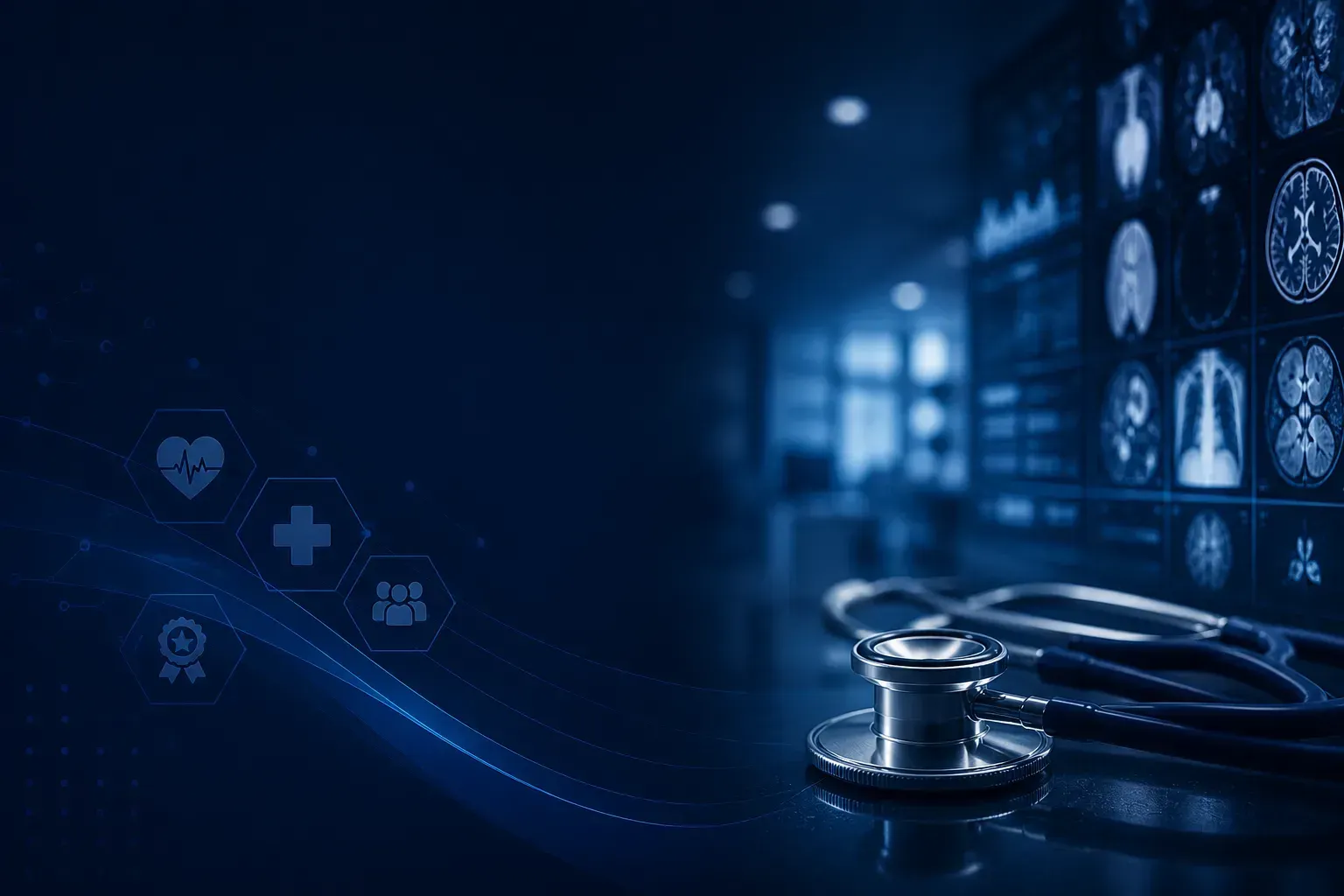 Panel de control médico en tonos azules con iconos de estetoscopio y salud sobre un fondo oscuro.