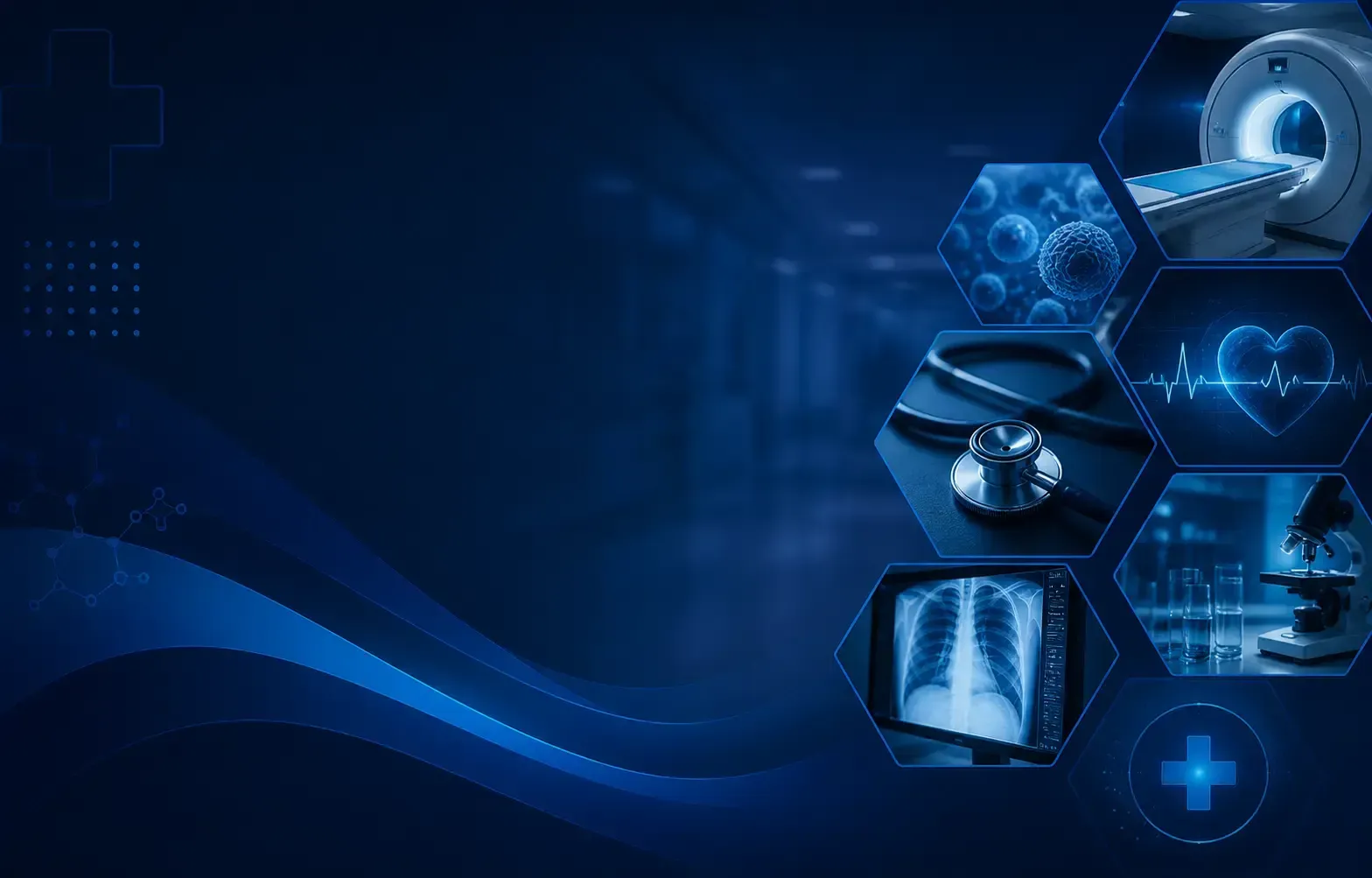 Fondo azul con tecnología médica, iconos hexagonales, un monitor cardíaco, un microscopio y una mano robótica.