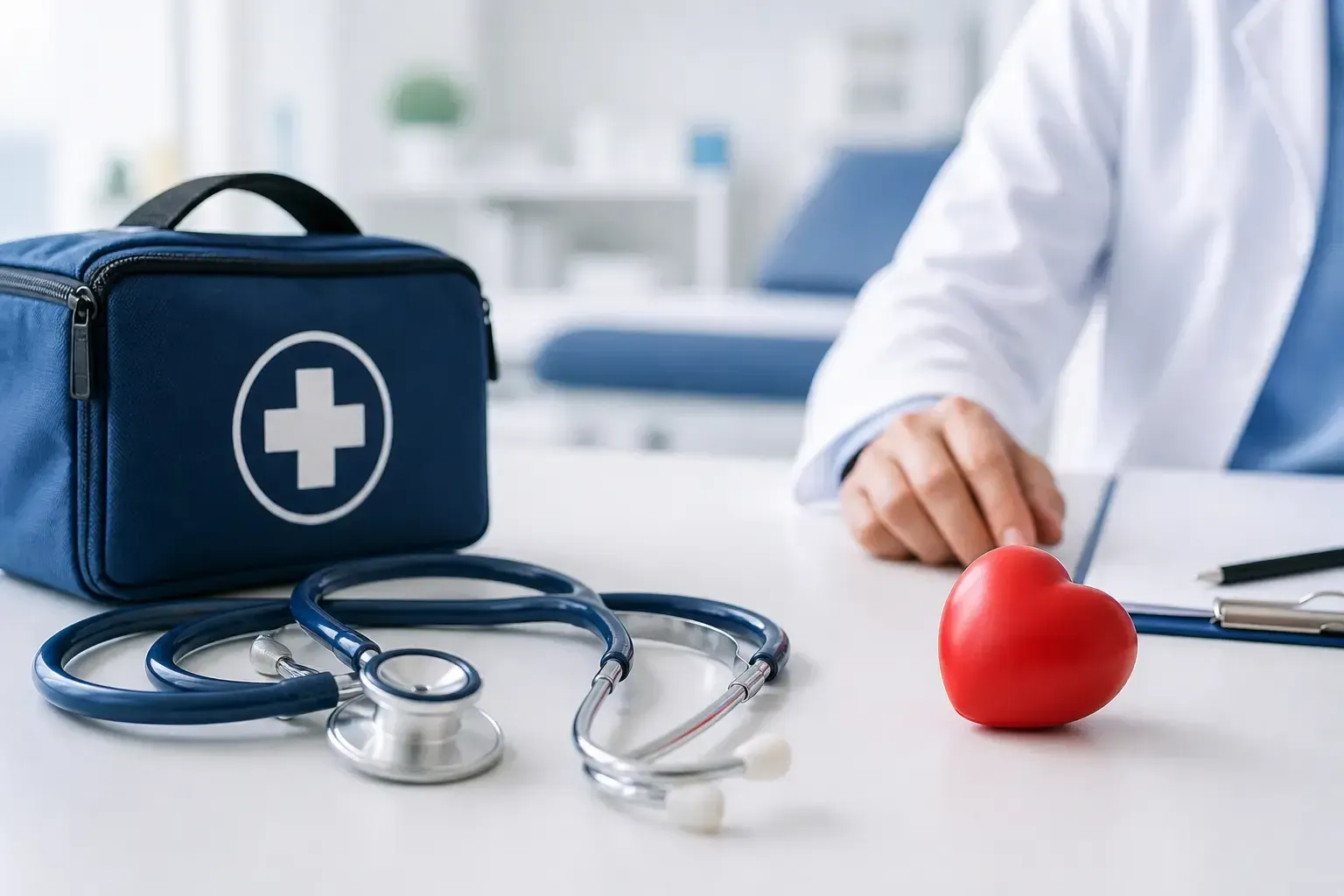 personal m&eacute;dico con un botiqu&iacute;n de primeros auxilios