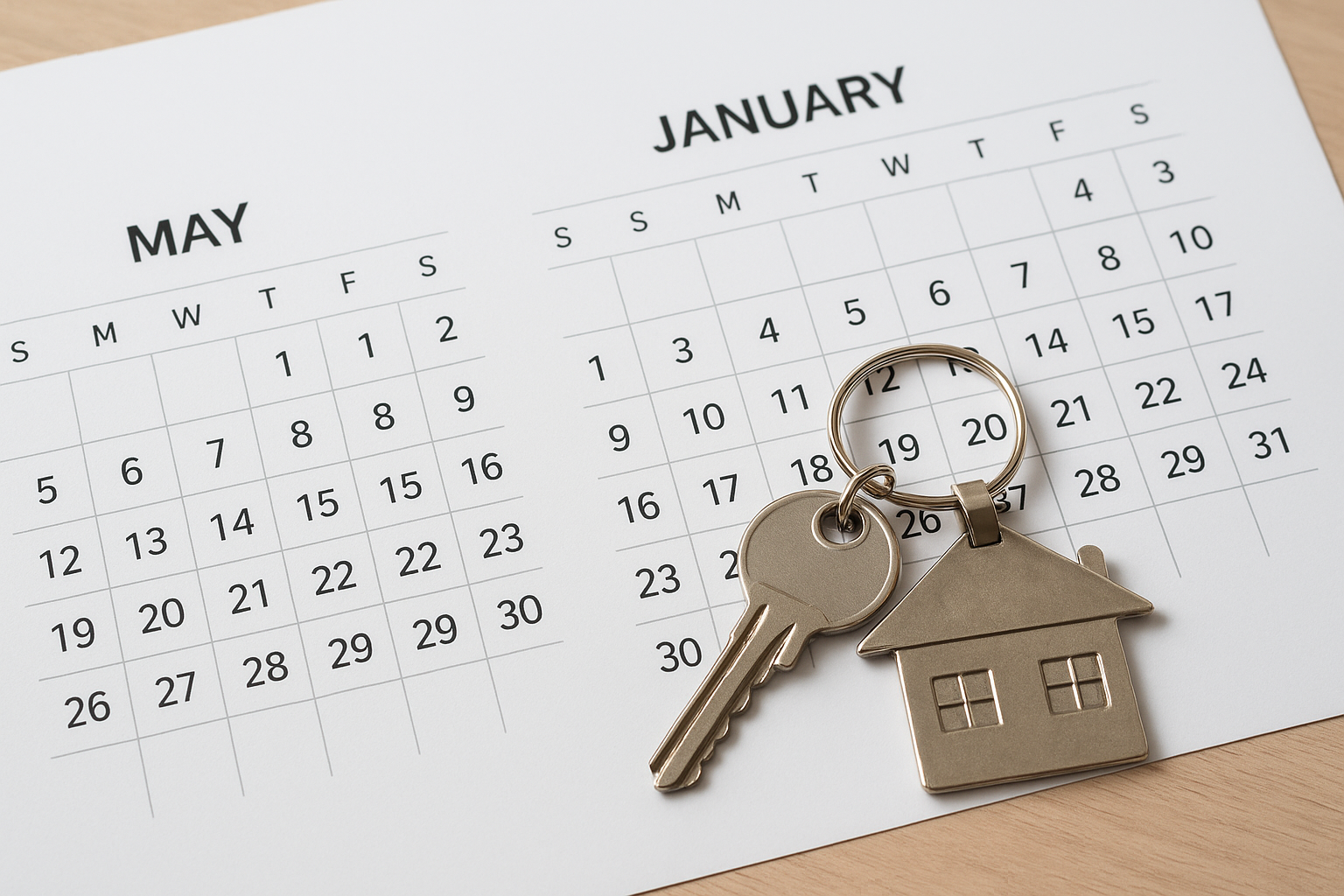 Llaves con un llavero en forma de casa que reposa sobre un calendario que muestra enero y mayo.