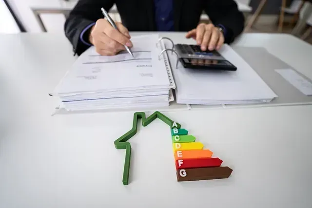 Persona calculando costos de eficiencia energética, con un gráfico en forma de casa que muestra las calificaciones energéticas AG en un escritorio.