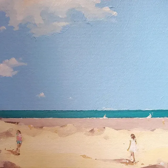 Una pintura de dos niñas paradas en una playa cerca del océano.