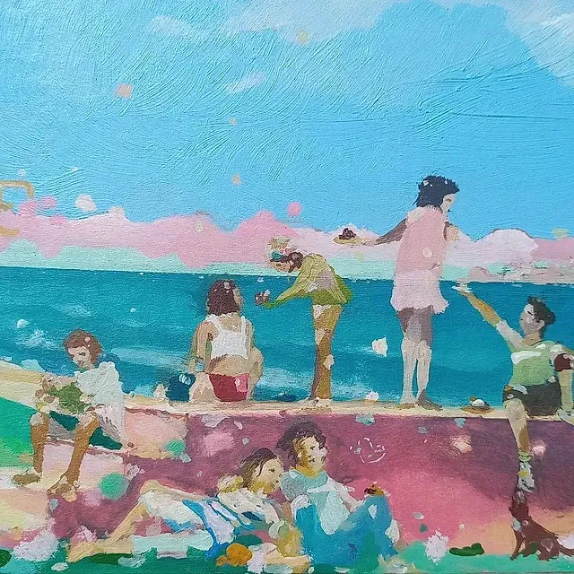 Una pintura de un grupo de personas sentadas en una playa cerca del océano.