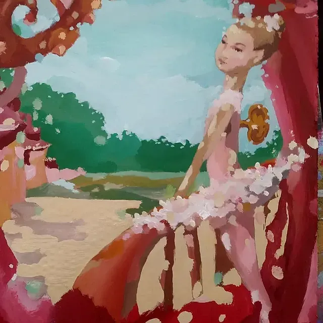 Una pintura de una mujer con un vestido rosa