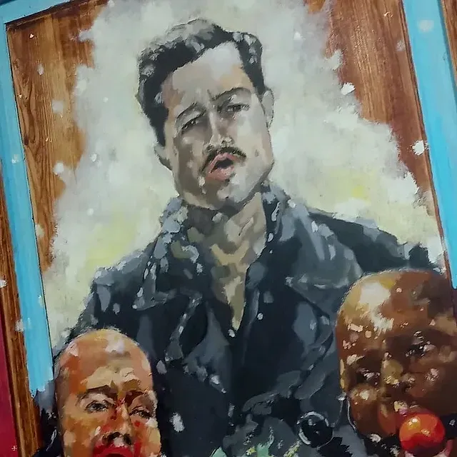 Una pintura de un hombre con bigote de pie junto a otros dos hombres.