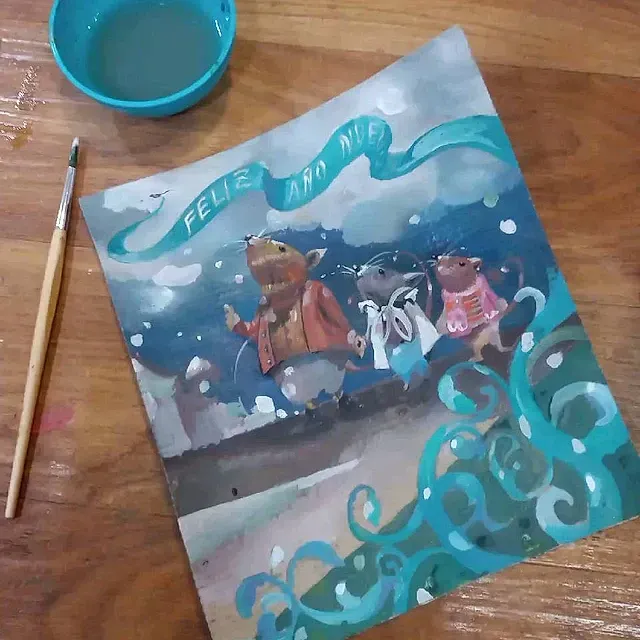 Una pintura en un trozo de papel que dice feliz año nuevo