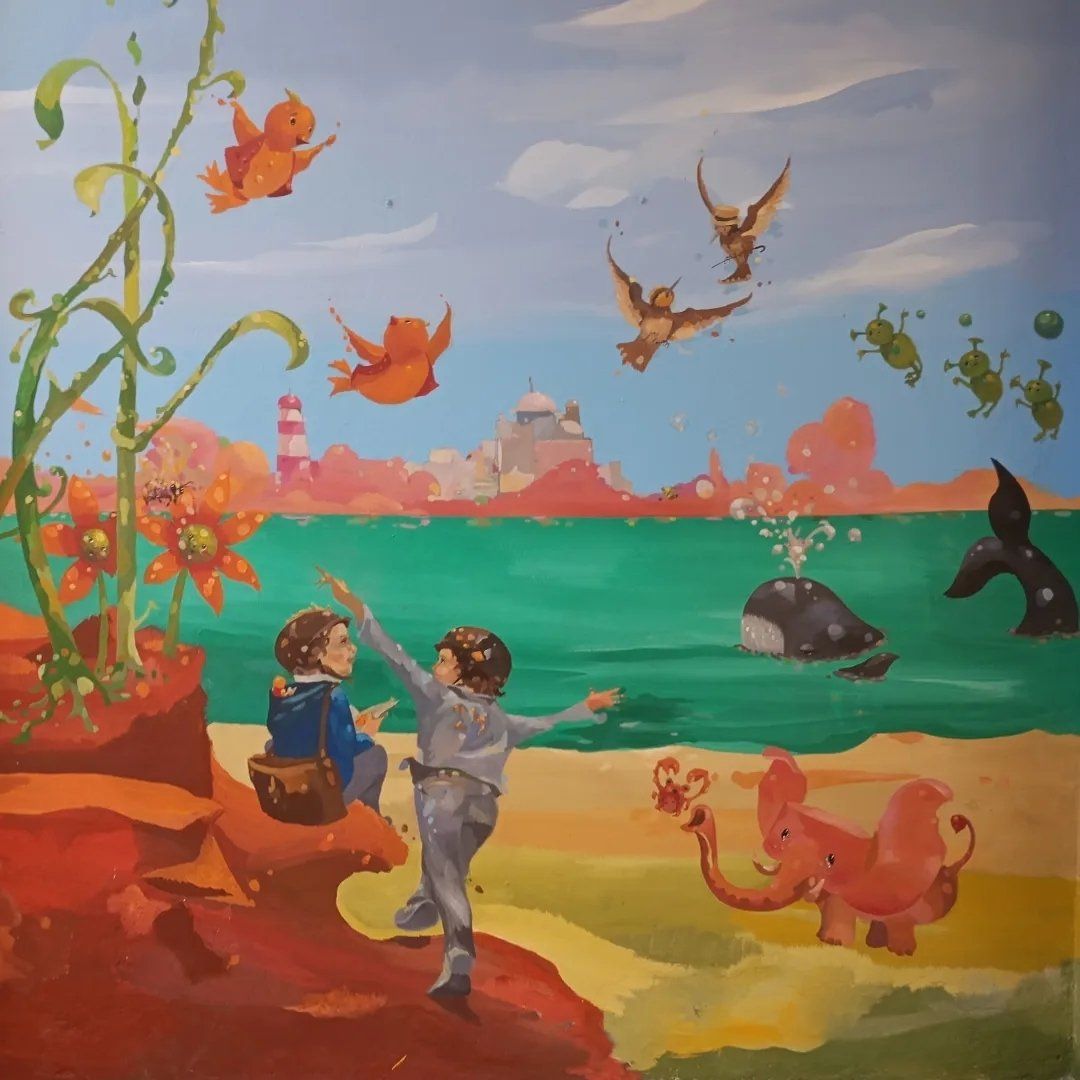 Una pintura de un niño y una niña mirando una ballena en el océano.