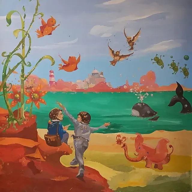 Un cuadro de un niño y una niña jugando en el agua.