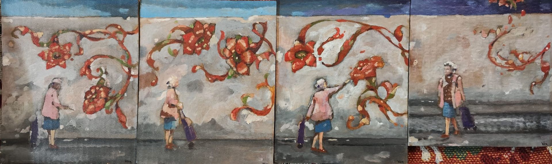 Mural de niños con ropa colorida bajo enredaderas rojas ondulantes en una pared pálida.