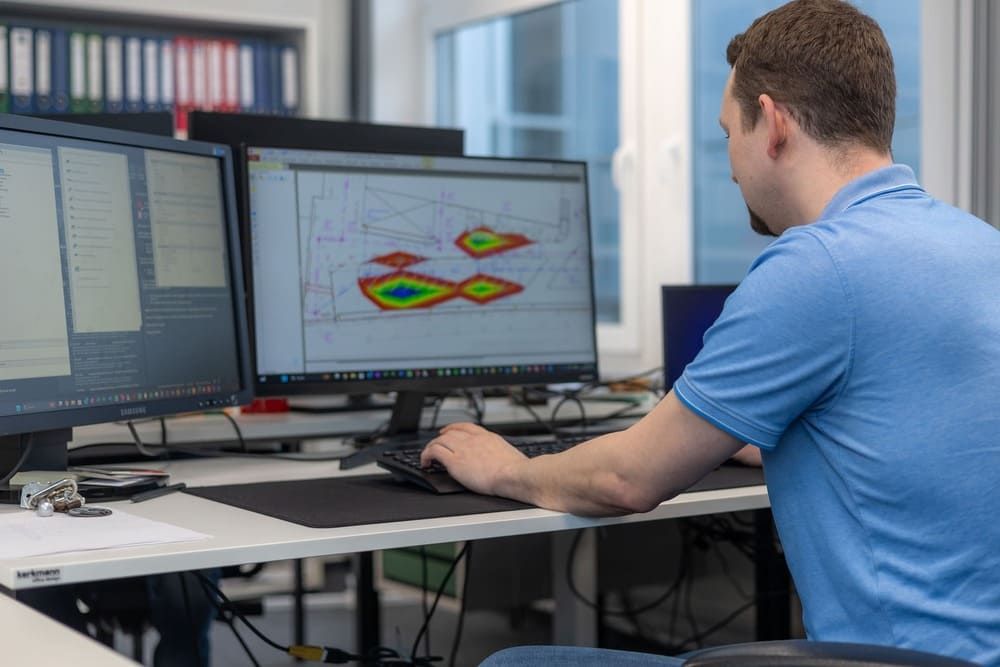 Ein Mann sitzt an einem Schreibtisch vor zwei Computermonitoren.