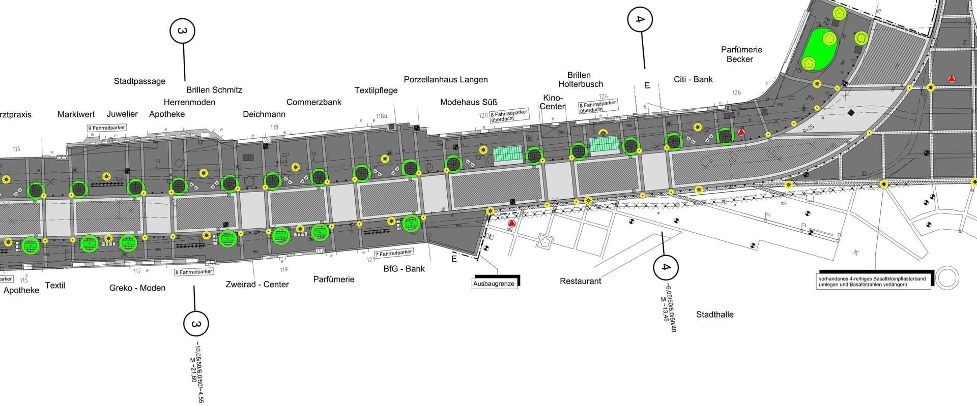 Eine Schwarzweißzeichnung einer Straße mit einem grünen Baum in der Mitte.