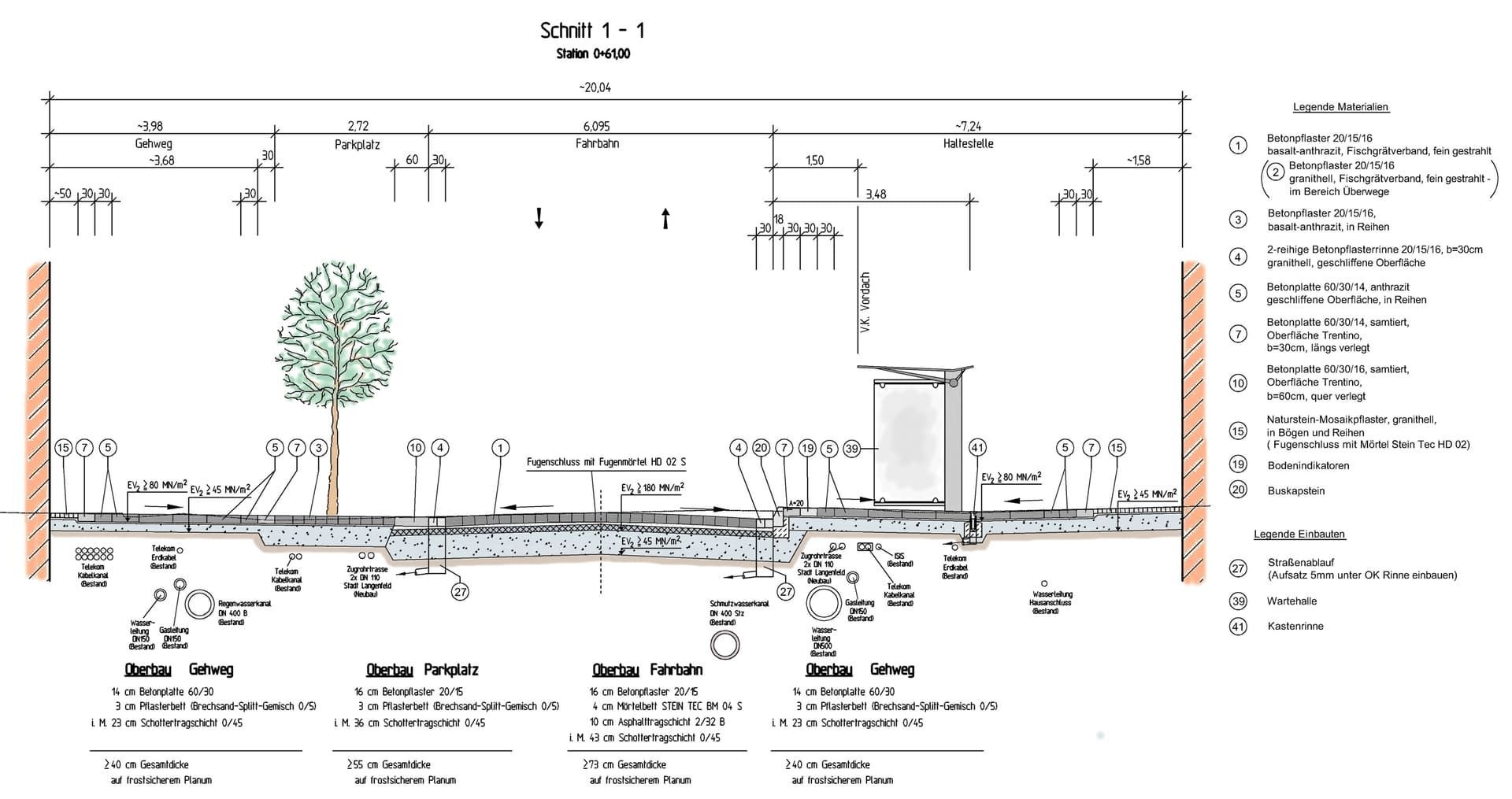 Eine Schwarzweißzeichnung einer Straße mit einem Baum in der Mitte.