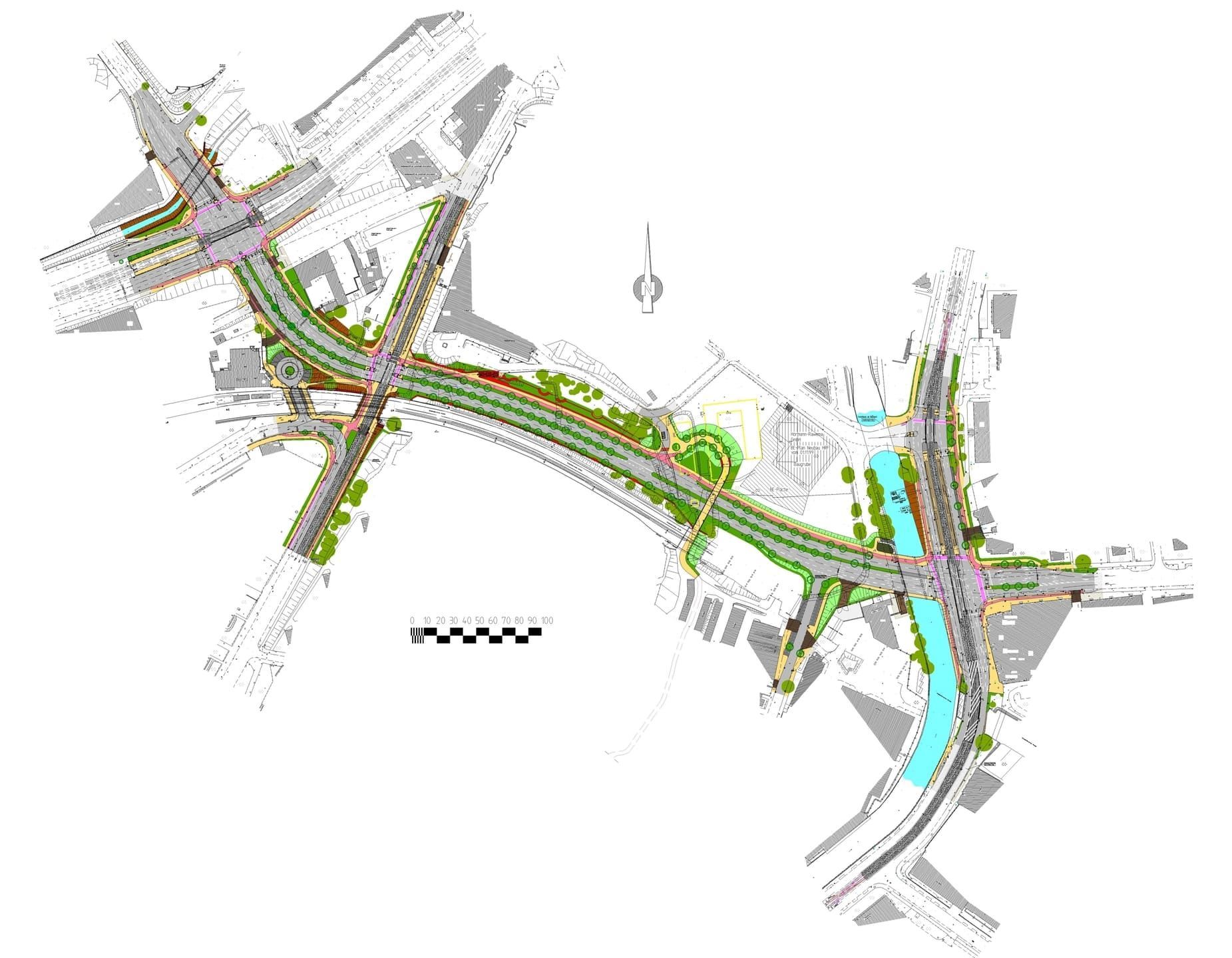 Eine schwarzweiße Karte einer Stadt, durch die ein Fluss fließt.