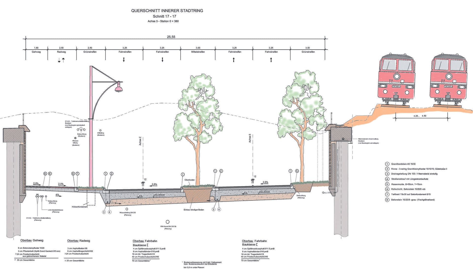 Eine Zeichnung einer Straße mit Bäumen und zwei Zügen