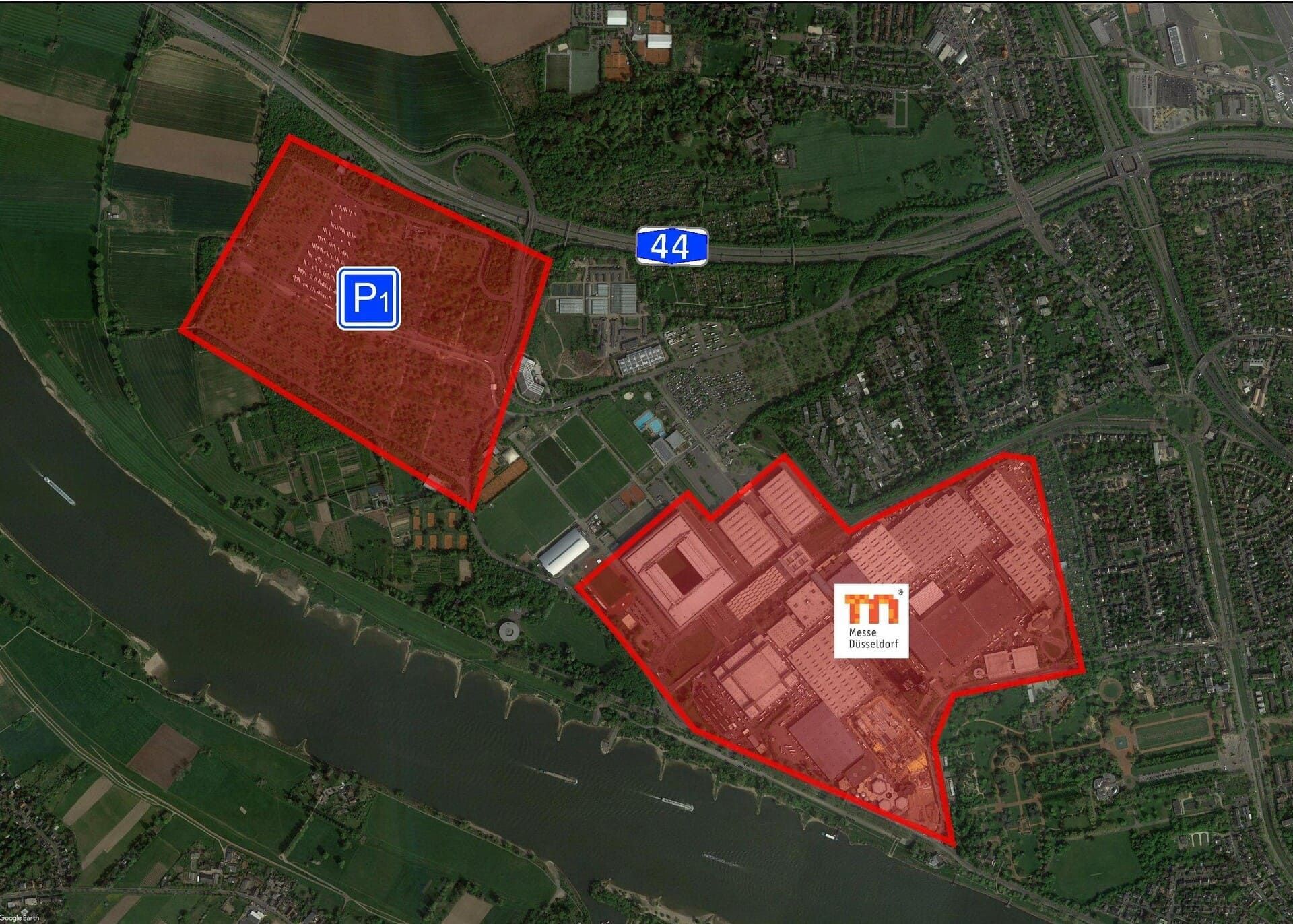 Eine Luftaufnahme einer Stadt mit zwei roten Bereichen in der Mitte.