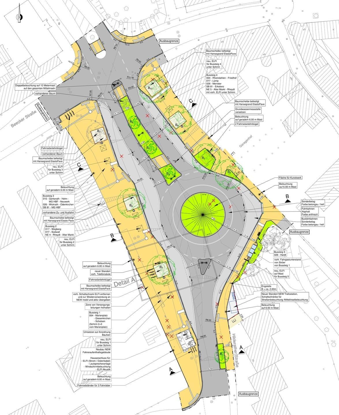 Eine Zeichnung eines Kreisverkehrs mit einem grünen Baum in der Mitte