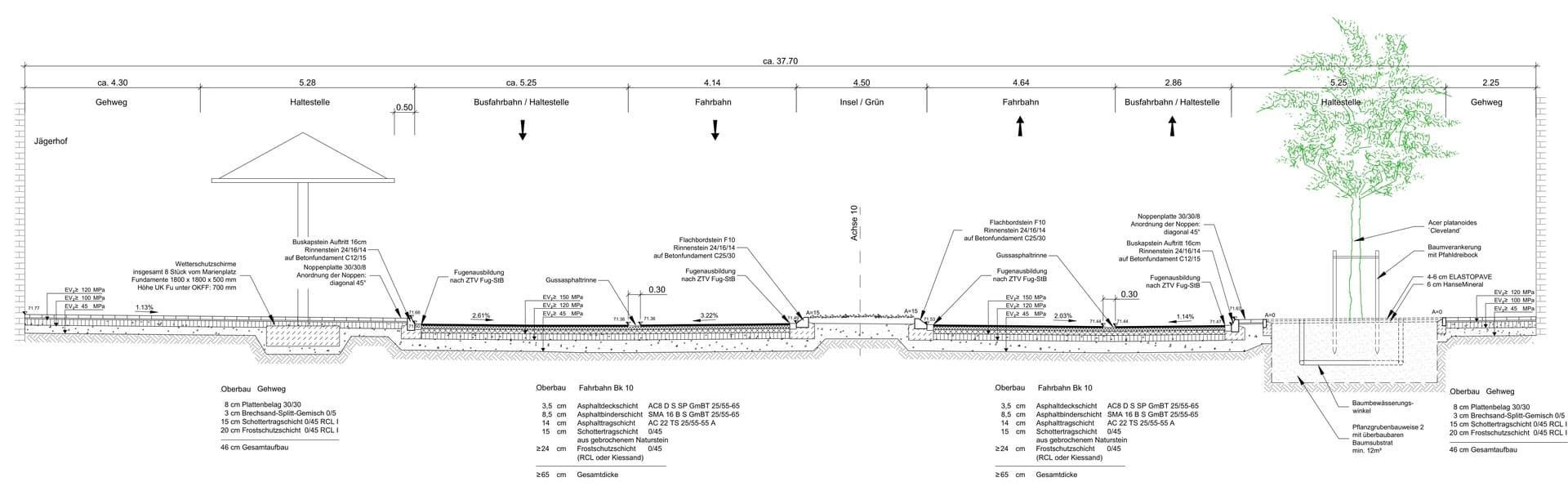 Eine Schwarzweißzeichnung einer Straße mit einem Baum in der Mitte.