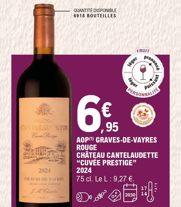 6,95 € la bouteille de 75 centilitres de Graves-de-Vayres rouge, Château Cantelaudette Cuvée Prestige 2024 AOP. Prix du litre 9,27 €. Quantité disponible : 6 918 bouteilles. À consommer avec de la charcuterie, des brochettes ou du fromage. À conserver entre 14 à 17 degrés et jusqu’en 2030. Fruit : prononcé ; personnalité : puissant.
