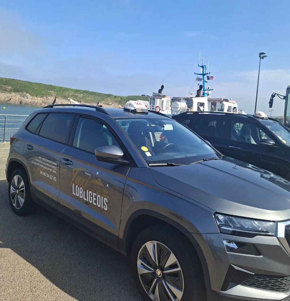 Un SUV avec l'inscription UBILEEUS sur le côté est stationné près d'un port, avec des bateaux et des collines en arrière-plan.