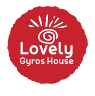 Logotipo de círculo rojo con el texto "Lovely Gyros House", un símbolo en espiral y un sol radiante.