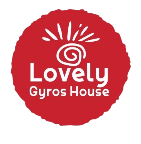 Logotipo de círculo rojo con el texto "Lovely Gyros House", un símbolo en espiral y un sol radiante.