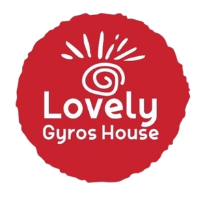 Logotipo de círculo rojo con el texto "Lovely Gyros House", un símbolo en espiral y un sol radiante.