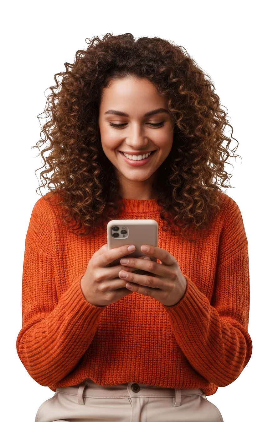 Une femme sourit en regardant son téléphone.