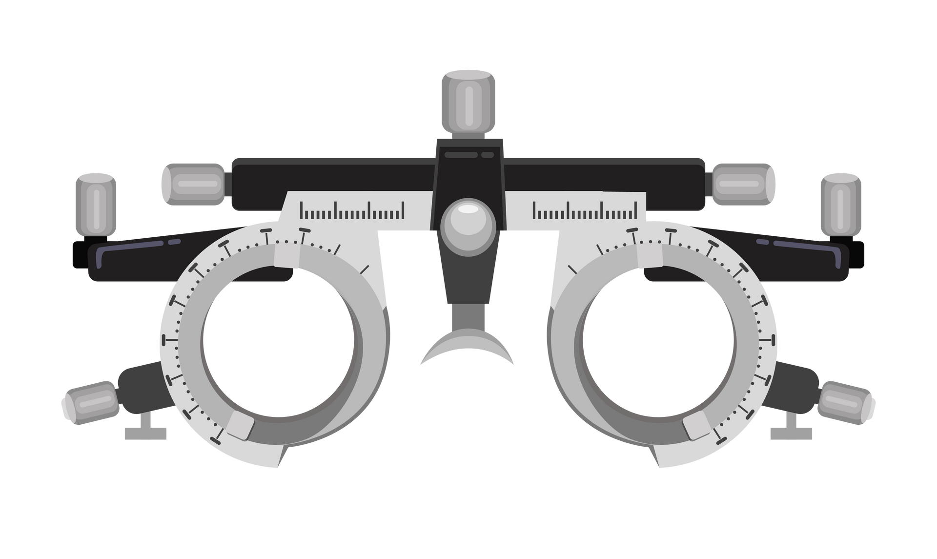 Phoroptère d'optométrie utilisé lors des examens ophtalmologiques. Appareil gris et noir avec cadrans et lentilles.