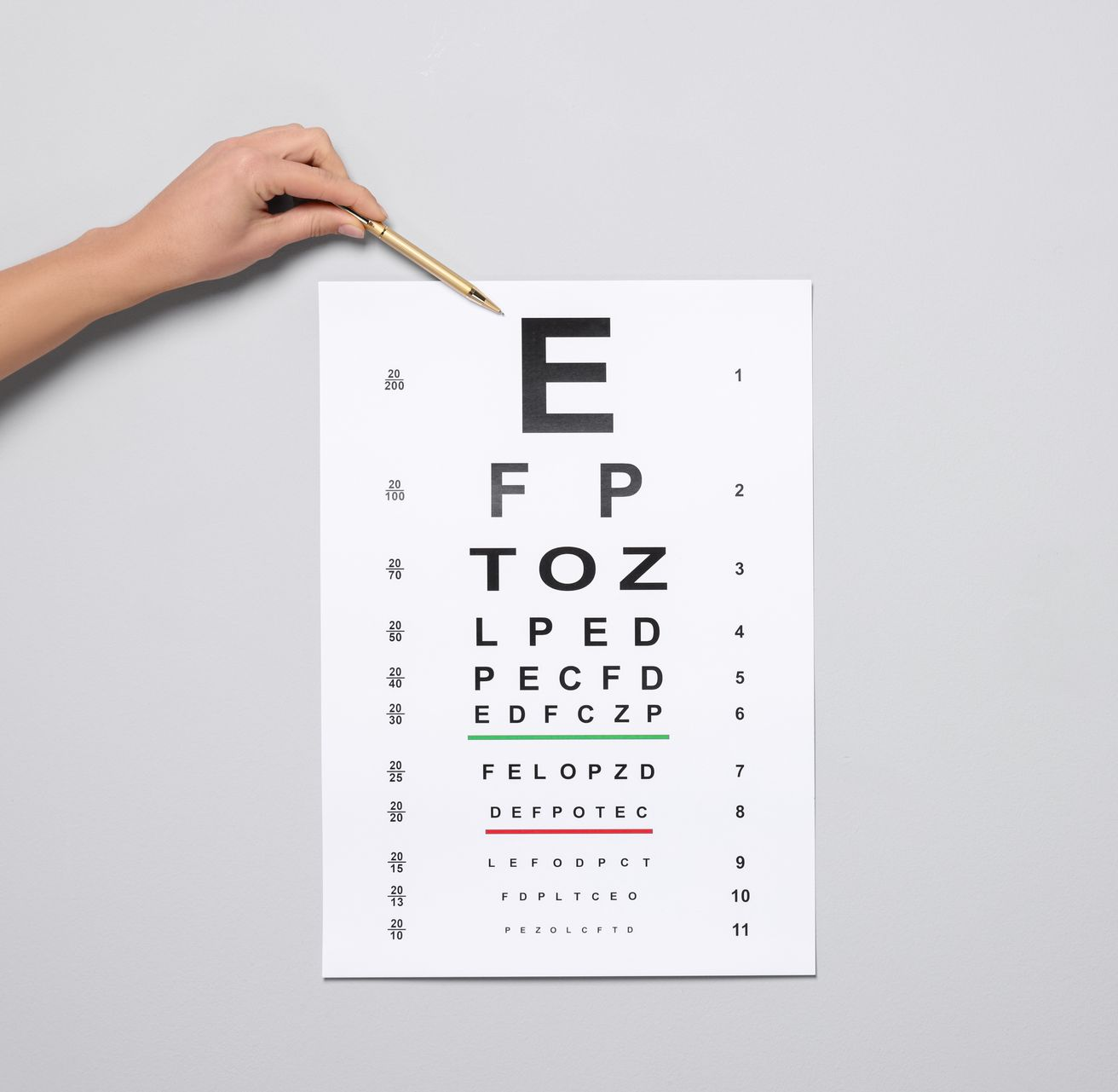 Main pointant un tableau optométrique.