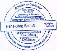 Zertifiziert Bausachverständiger nach DIN EN ISO/IEC 17024 für Schäden an Gebäuden in Deutschland.