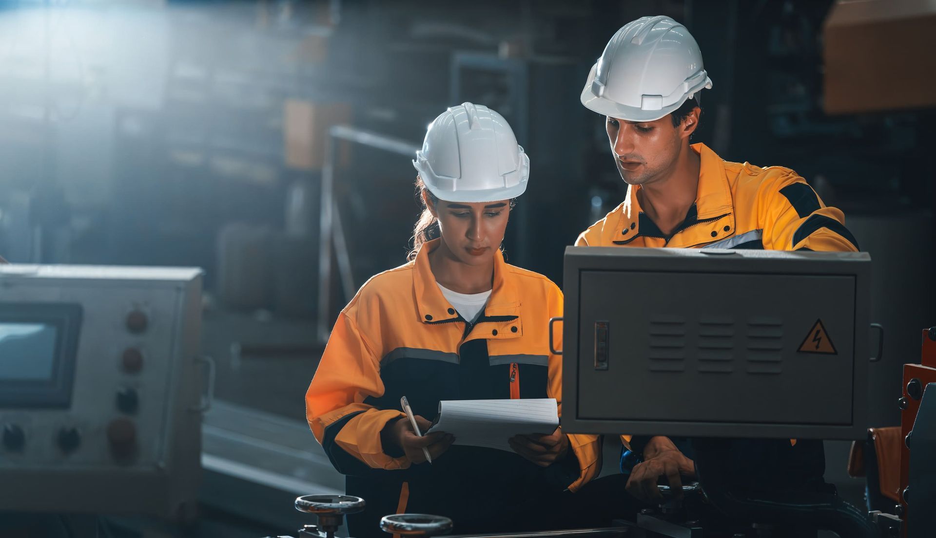 Dos ingenieros miran una pantalla de computadora en una fábrica.