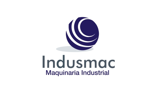 Un logotipo para indusmac maquinaria industrial con una bola azul sobre fondo blanco.