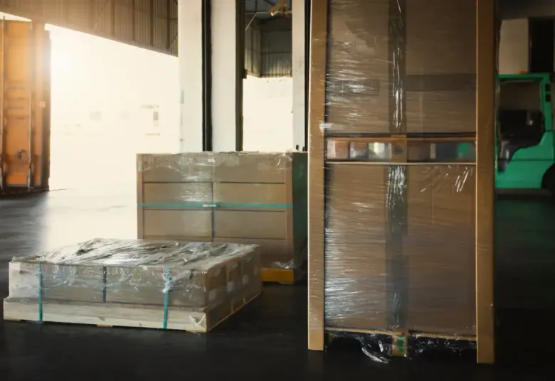 Cajas de cartón envueltas en plástico reposan sobre palés de madera dentro de un almacén bien iluminado.