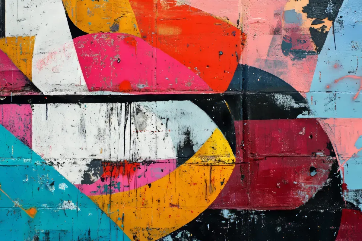 Mural abstracto con formas geométricas llamativas en colores vibrantes